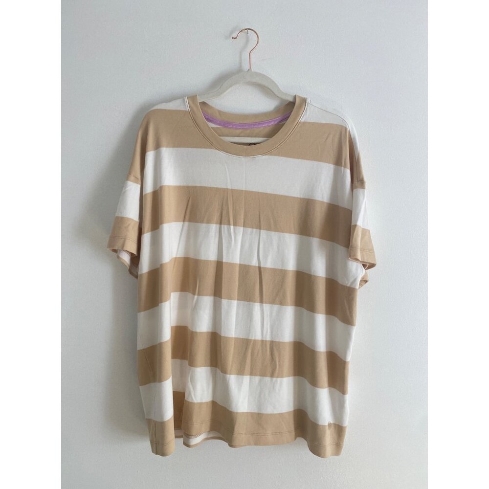 Isaac Mizrahi Live Essentials Women’s Beige & White Striped Cotton Tee Size 2XL